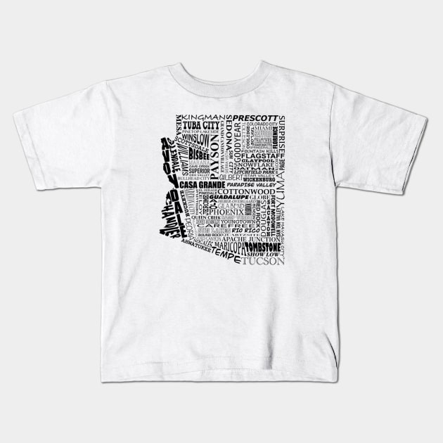 Arizona (cities and towns, black) Kids T-Shirt by TommyVision